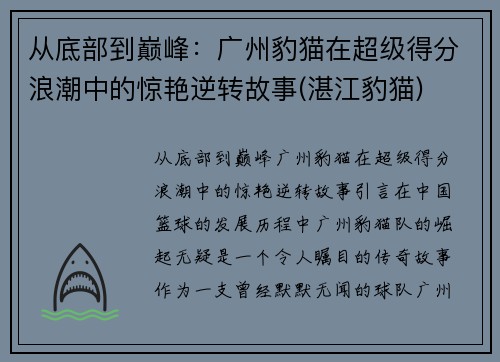 从底部到巅峰：广州豹猫在超级得分浪潮中的惊艳逆转故事(湛江豹猫)